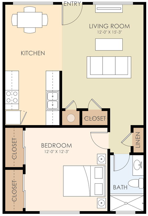 Floor plan for 1 bed, 1 bath, 700 sqft